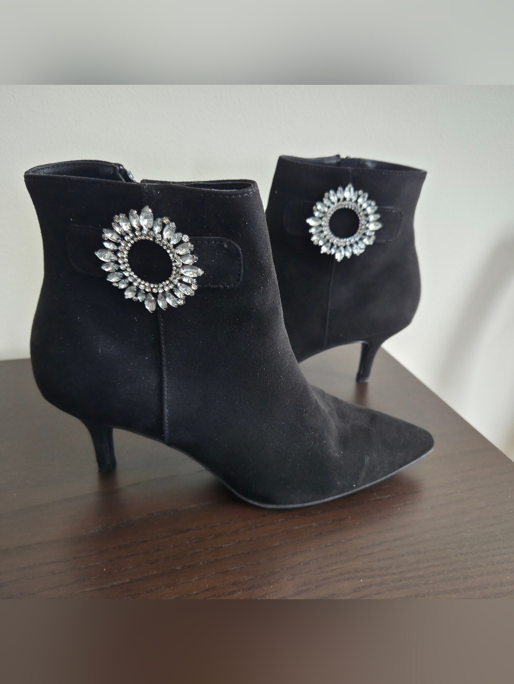 Women's Black Suede Ankle Boots with Crystal Brooch